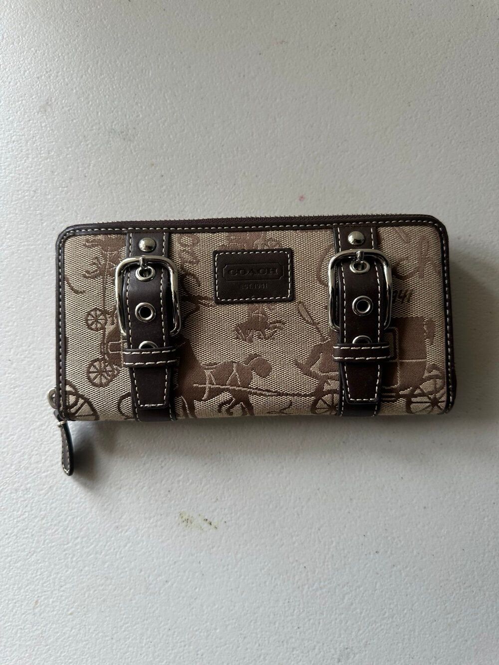 Vintage Coach Zoe Iconic Horse Carriage Canvas Leather Trim Zip Around Wallet